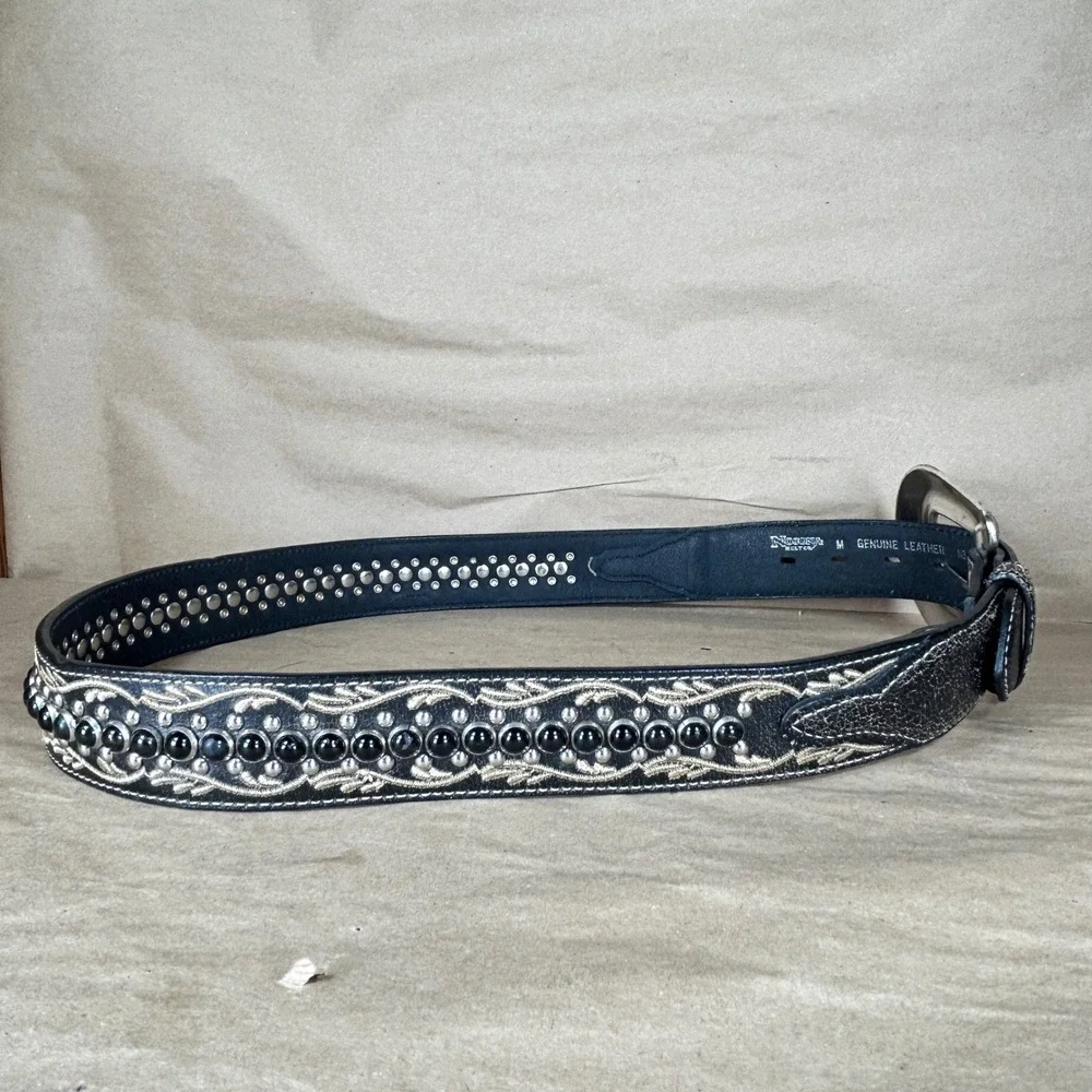 Nocona Belt Mens M Black Distressed Leather Embroidered Studded Engraved Buckle